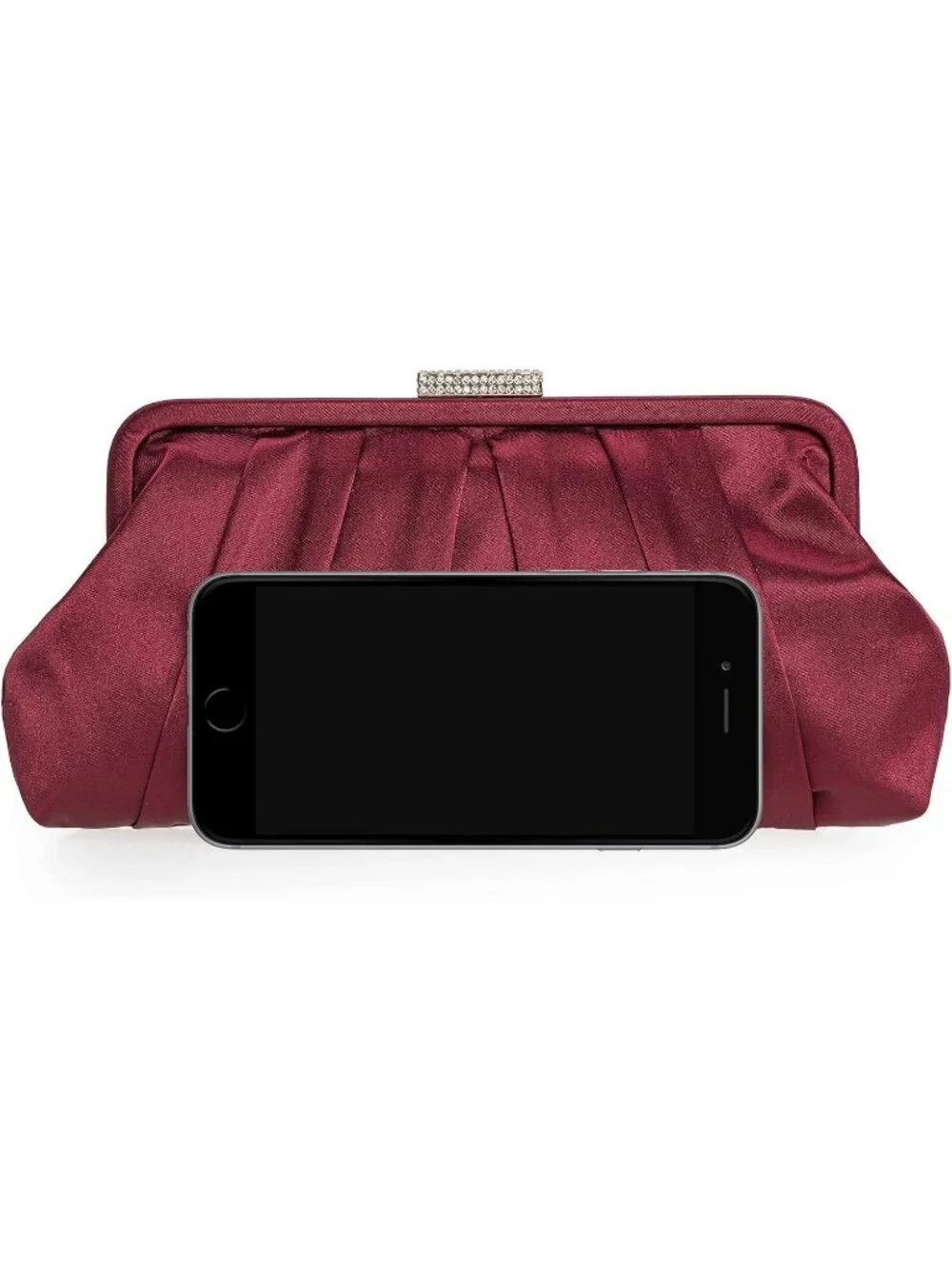 Women's Burgundy Classic Pleated Satin Clutch Purse Diamante Formal Evening Bag